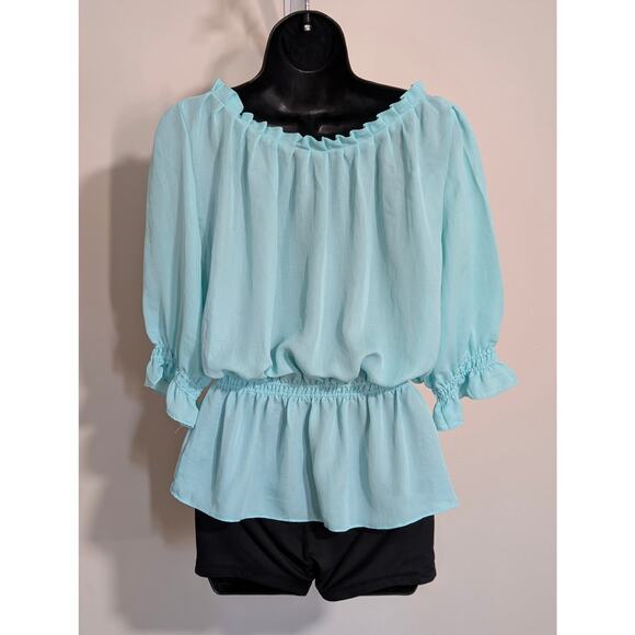 Willi Smith Light Blue Ruffled Peasant Blouse Peplum Top 3/4 Sleeve Medium - Picture 3 of 5